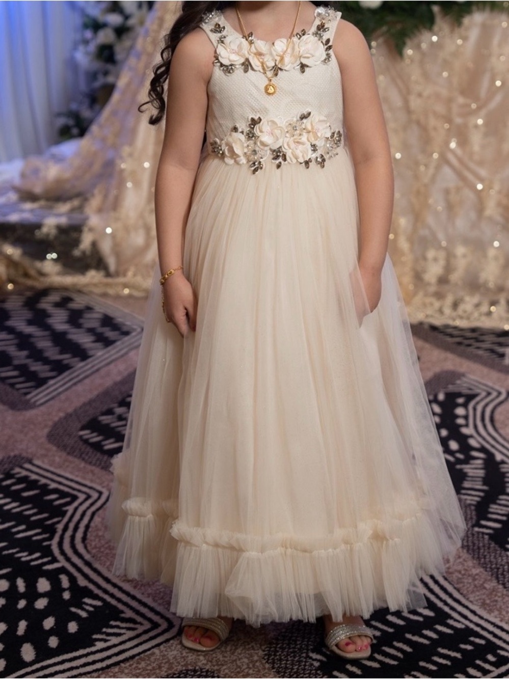 Girls' Ivory Floral Appliqué Tulle Dress